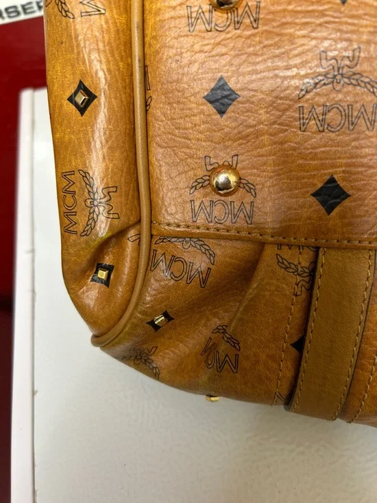 MCM Cognac Logo Visetos Barrel Satchel with Gold Plaque - Picture 13 of 14